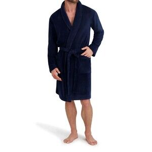 HANES Robe Mens Large XL Navy Blue Plush Fleece Cozy Belted Pockets